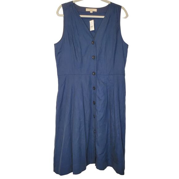 NEW Loft Ann Taylor 14 Navy Blue Button Front Sheath Dress Casual Sleeveless - Picture 1 of 4